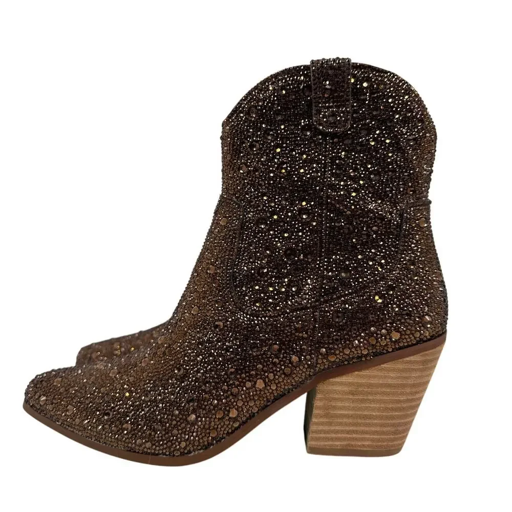 Betsey Johnson Western Boots Diva Womens 8 Shiny Brown Rhinestones Pointed Toe